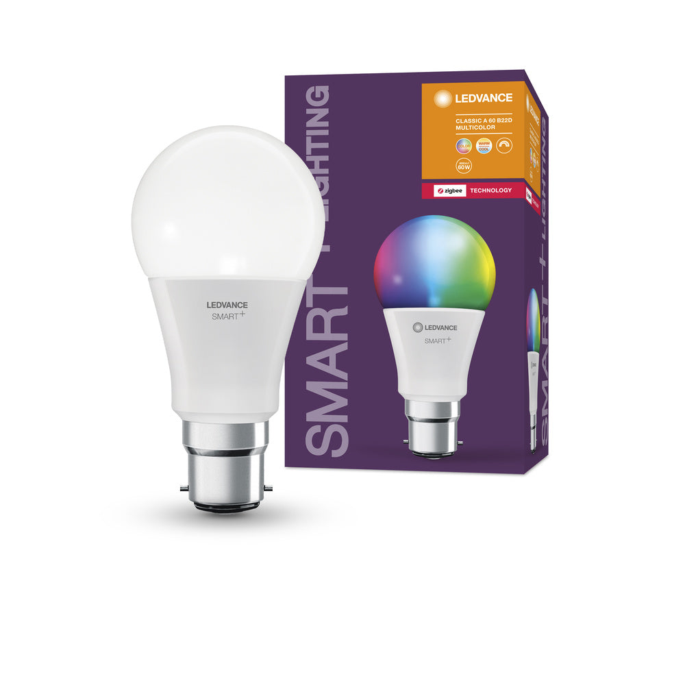 Lampada LEDVANCE Smart+ con tecnologia ZigBee, 9W, A60, opaca, base B22D,  colore della luce RGBW regolabile, 806lm, confezione da 1