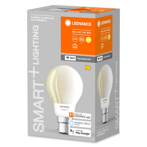 LEDVANCE Lampadina a forma classica con filamento con tecnologia WiFi, 6 W, bianco caldo, B22, confezione da 1