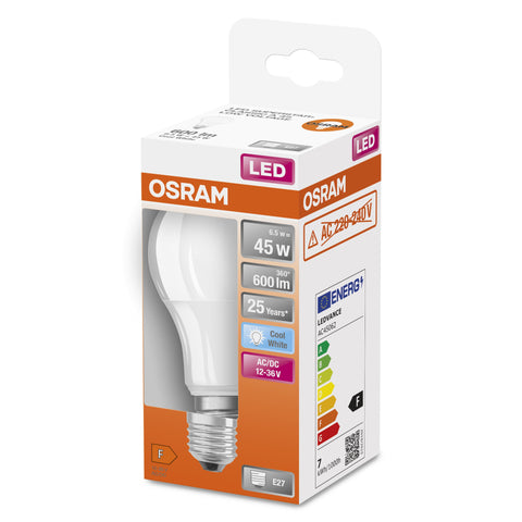 Lampe LED OSRAM Star+ basse tension pour culot E27, aspect mat, blanc froid (4000K), 600 lumens, remplacement des lampes conventionnelles 45W, non dimmable, pack de 1