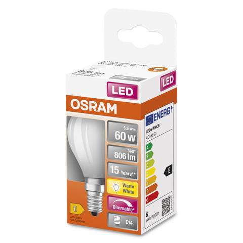 OSRAM Lampada LED a filamento dimmerabile con attacco E14, bianco caldo (2700K), forma a goccia, 6,5W, ricambio per lampadina da 60W, opaca, retrofit LED CLASSIC P DIM